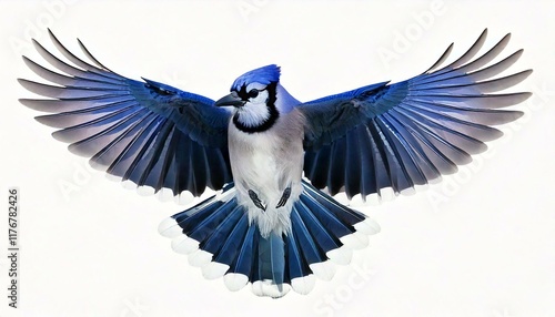 A blue jay spreads its wings, flying across a clear green landscape. photo