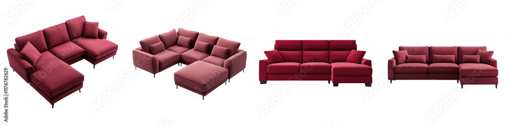 Luxurious red velvet upholstered sofa set arranged in a stylish modern living room interior with sleek and elegant design elements The plush Luxurious red velvet upholstered sofa set arranged in a stylish modern living room interior with sleek and elegant design elements The plush