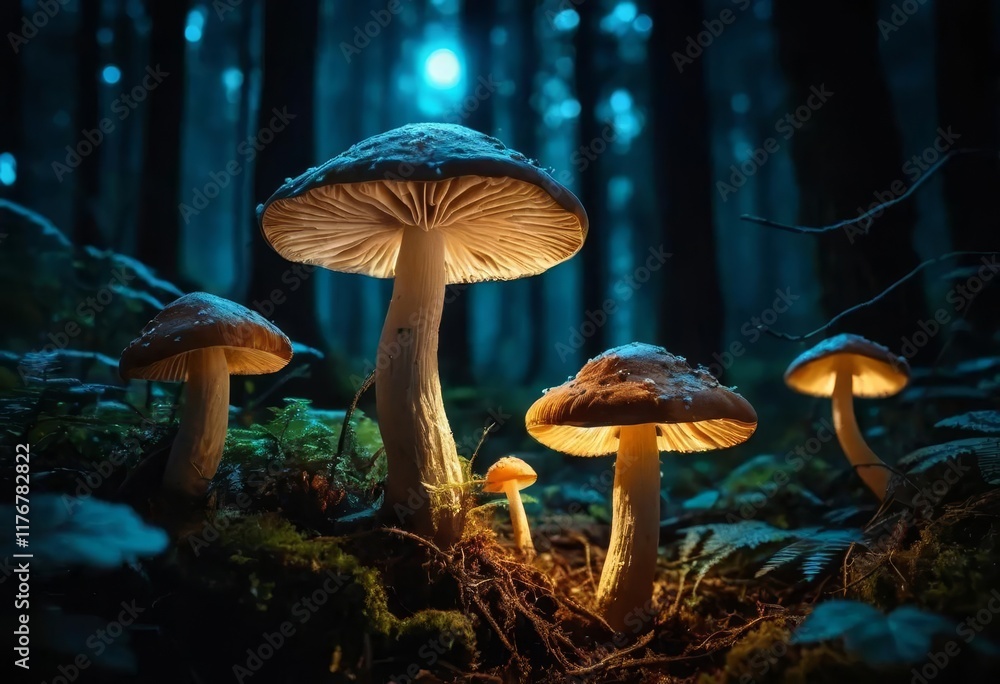 Fototapeta premium A dark forest with glowing mushrooms scattered throughout the ground and trees
