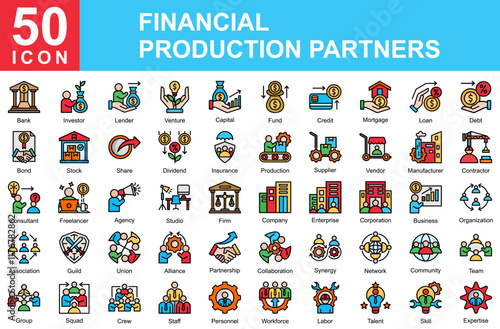  Financial Production Partners icon collection. Symple Concept   Lineal Color icon sheet.