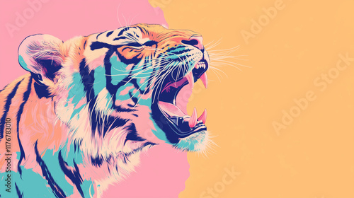Vibrant pop art tiger illustration with colorful abstract background with copy space