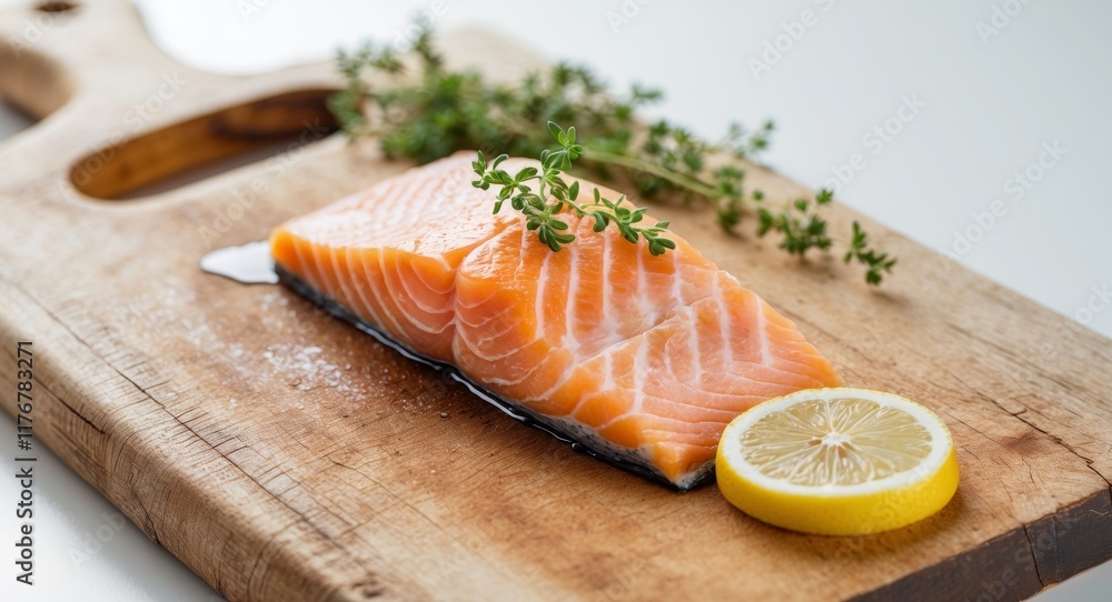 Fresh Salmon Fillet on Wooden Cutting Board with Lemon and Thyme Garnish Fresh Salmon Fillet on Wooden Cutting Board with Lemon and Thyme Garnish