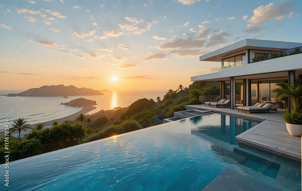 Fototapeta premium Perched on a hilltop with a wide-angle view of sparkling coastline and lush greenery, modern luxury villa with a swimming pool exudes opulence and tranquility, especially during golden hues of a sunse