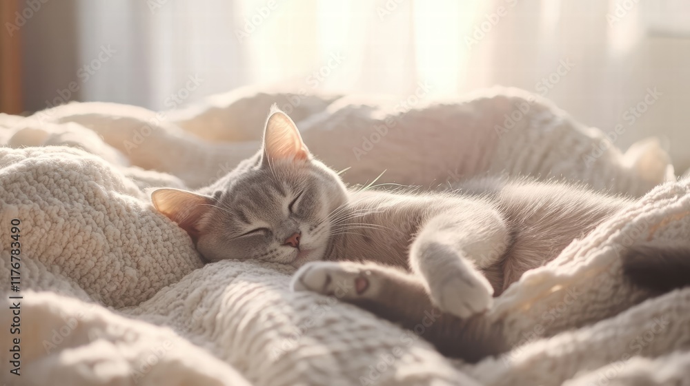 Sleeping Scottish Fold Cat on Bed Cozy Home Photo Soft Lighting Peaceful Scene Sleeping Scottish Fold Cat on Bed Cozy Home Photo Soft Lighting Peaceful Scene