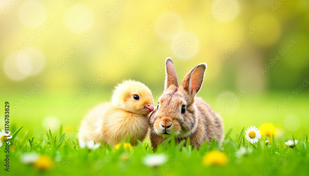 Fototapeta premium Cute fluffy chick and rabbit sitting together on fresh green grass, spring joy