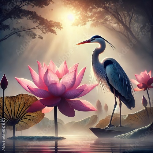 Lotus and a Blue Heron A lotus with a blue heron standing gracef photo