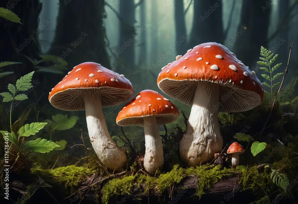 Fototapeta premium A close-up of a small, poisonous mushroom with colorful spots on it