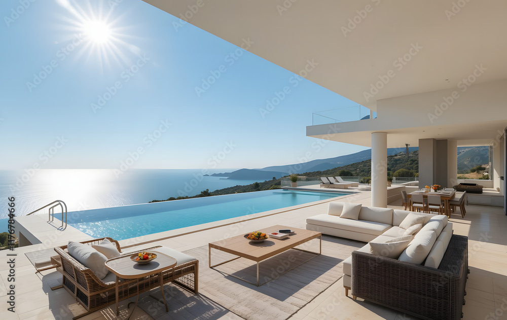 Naklejka premium Perched on a hilltop with a wide-angle view of sparkling Mediterranean sea, this luxury villa boasts a spacious interior with modern furnishings and a sun-drenched outdoor area featuring a big swimmin