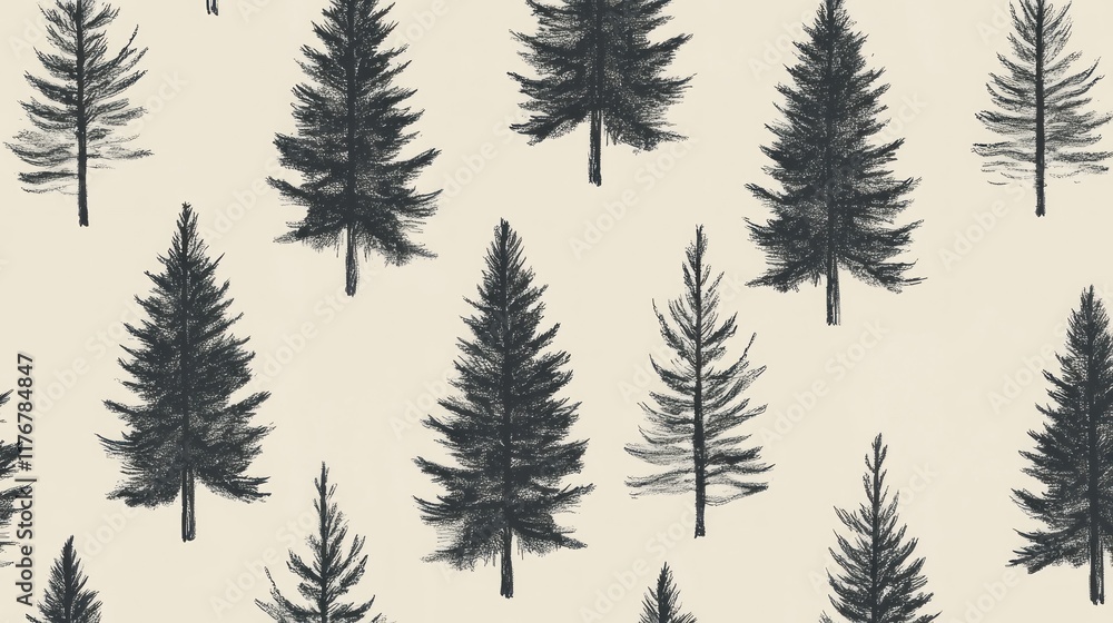 Obraz premium Seamless pattern of hand-drawn dark evergreen trees on a beige background.