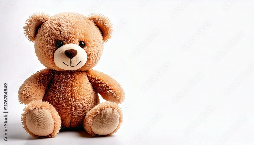 Obraz premium Cute cartoon teddy bear doll for babies and children. Fluffy soft stuffed toy. isolated on white background with copy space. Beige and brown color for a boy child