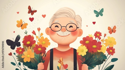 Elderly caucasian man with glasses smiling amid colorful flowers and butterflies. Grandfathers' Day. The 14th of February. Happy Valentine's Day photo