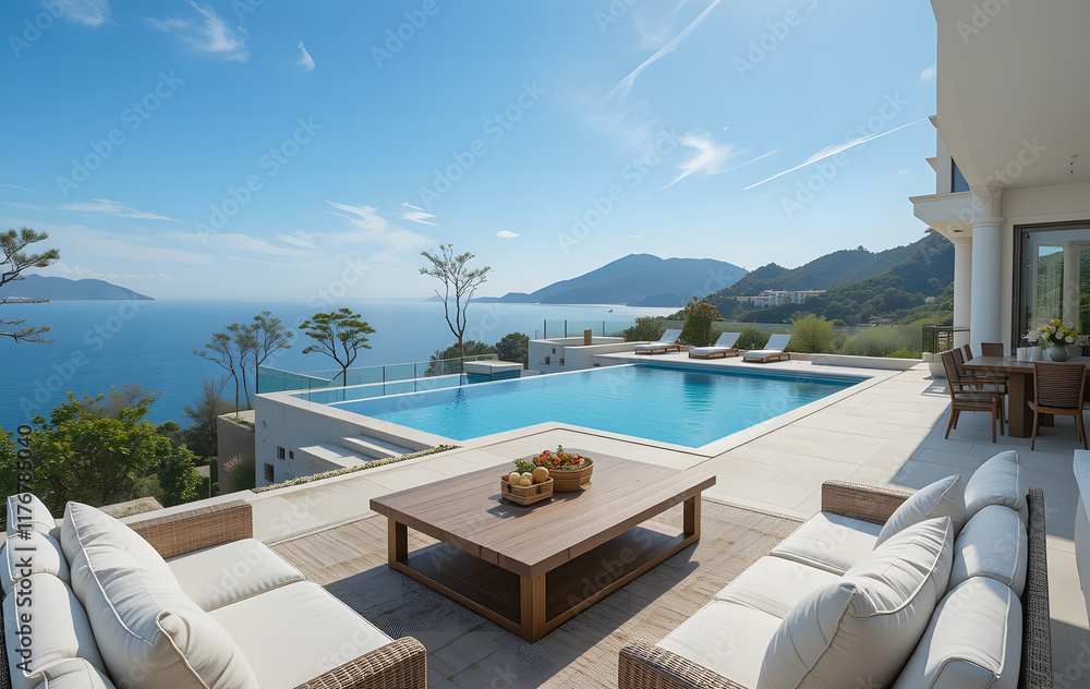 Fototapeta premium Perched on a hilltop with a wide-angle view of sparkling Mediterranean sea, this luxury villa boasts a spacious interior with modern furnishings and a sun-drenched outdoor area featuring a big swimmin