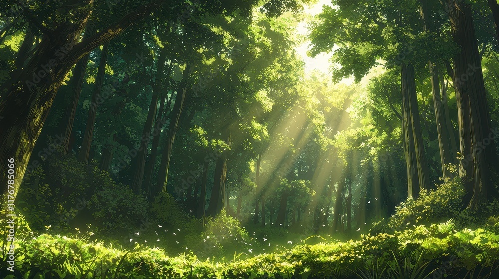 Sunlit Forest Path Enchanting Green Trees Butterflies Sunlit Forest Path Enchanting Green Trees Butterflies