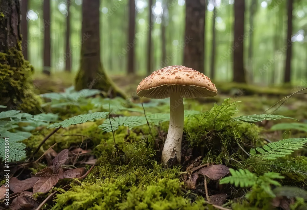 Fototapeta premium A close-up photo of a small mushroom in the forest surrounded by greenery