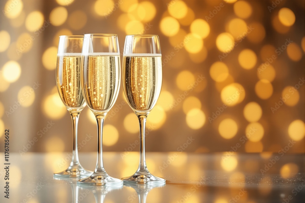Three champagne glasses filled with sparkling wine, placed on a reflective surface, with golden bokeh in the background. Festive celebration concept. Ai generative Three champagne glasses filled with sparkling wine, placed on a reflective surface, with golden bokeh in the background. Festive celebration concept. Ai generative