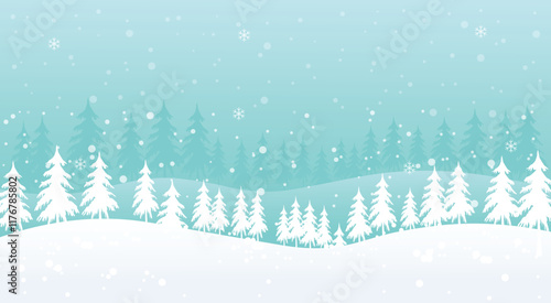 Snowy forest in winter vector illustration. Beautiful horizontal winter landscape of a forest. Snowdrifts and snowfall background with snowy trees. Winter web banner, card and wall paper for print.