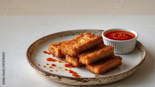 Crispy Deep Fried Tofu Served with Sweet Chili Sauce on a Rustic Plate photo