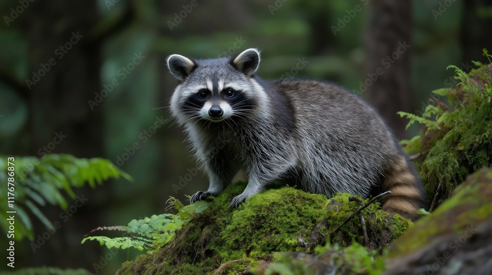 Obraz premium Cute raccoon with furry coat and bright eyes foraging in a mossy forest, surrounded by vibrant woodland nature, captured in a close-up wildlife photography scene showcasing its natural habitat
