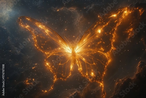 A mesmerizing, glowing butterfly takes flight in a cosmic wonderland, surrounded by shimmering stars and celestial glow, symbolizing freedom and the beauty of the universe. photo