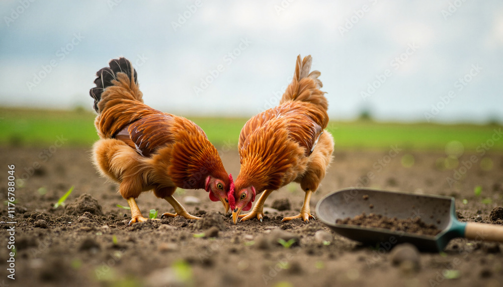 Fototapeta premium Chickens foraging in open field under cloudy sky, natural interaction