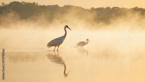 Elegant cranes wading in calm misty lake at dawn, serene beauty