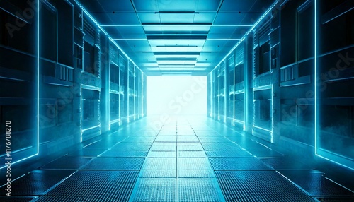 Futuristic Spaceship Neon Fluorescent Luminous Luxurious Led Laser Blue Lights Glowing Dark Grunge Concrete Tunnel Corridor Tiled Floor Alien 3D Rendering Illustration