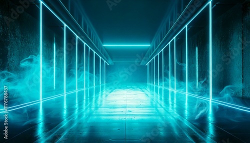 Futuristic Spaceship Neon Fluorescent Luminous Luxurious Led Laser Blue Lights Glowing Dark Grunge Concrete Tunnel Corridor Tiled Floor Alien 3D Rendering Illustration