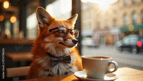 Trendy fox wearing glasses enjoys coffee in modern city cafe, urban chic photo