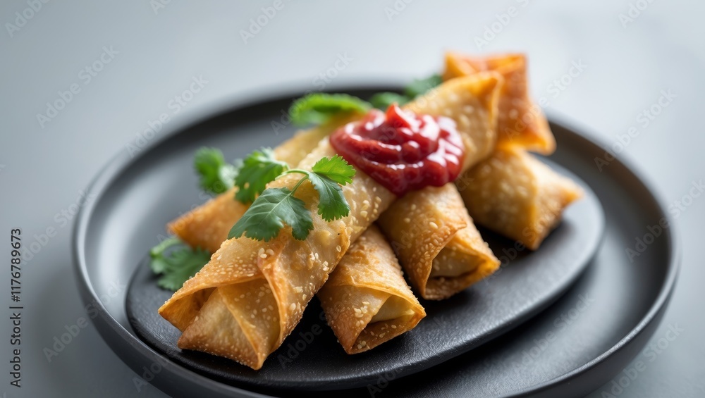 Golden Crispy Spring Rolls Served on a Dark Plate with Red Sauce and Fresh Herbs Golden Crispy Spring Rolls Served on a Dark Plate with Red Sauce and Fresh Herbs