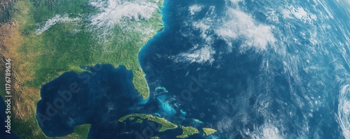 Satellite view of a thriving Earth connected by peak energy systems and technologies