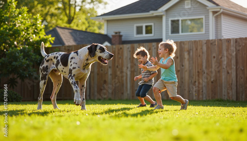 Great Dane playing with children in a sunny backyard, joyful atmosphere