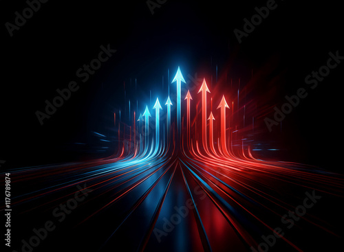 Glowing red and blue arrows ascend from a dark, reflective surface, creating a dynamic, upward visual path.  The contrasting colors suggest opposing forces or choices.