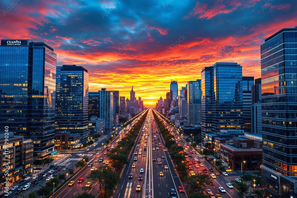 Fototapeta premium A vibrant cityscape featuring a bustling highway with moving cars, modern glass skyscrapers, and a vivid sunset sky. Urban sunset concept. Ai generative