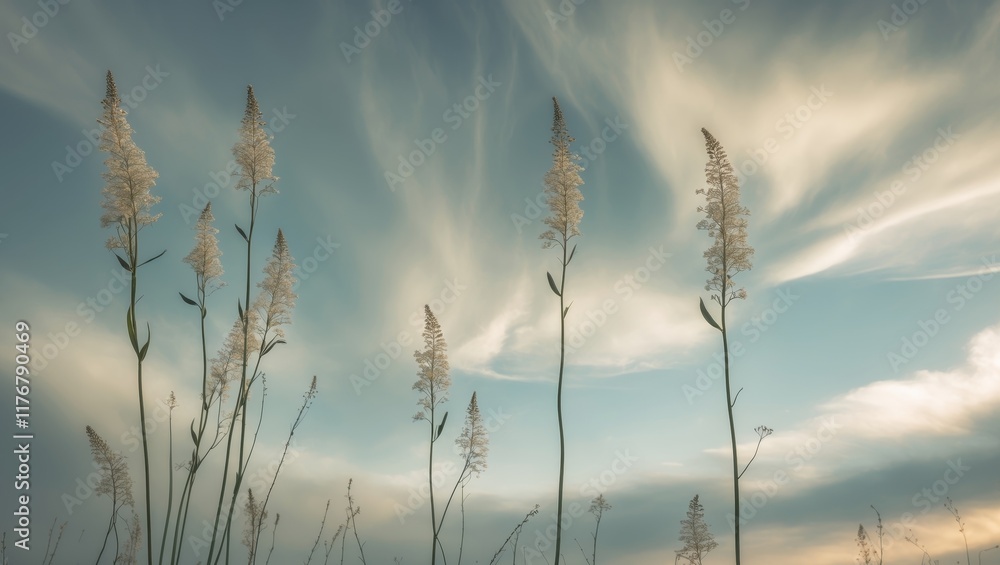 Fototapeta premium Graceful tall flowers swaying gently beneath a dramatic cloudy sky on a tranquil day