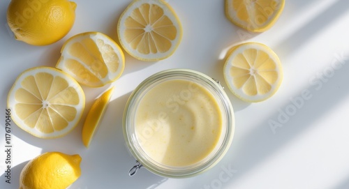 Sliced lemons arranged around a jar of creamy lemon sauce in a flat lay display photo