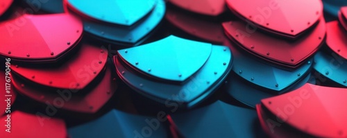 Overlapping shields glowing with regulations, boundary and compliance theme
