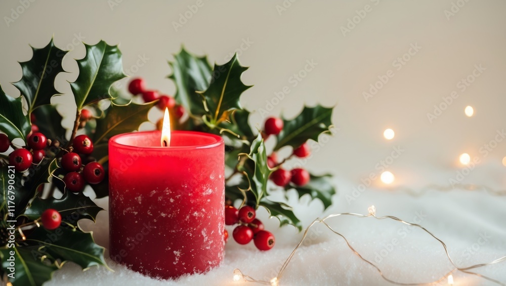 Festive Red Candle with Holly Berries and Lights Festive Red Candle with Holly Berries and Lights