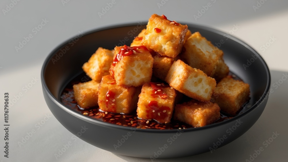 Crispy Deep Fried Tofu Cubes with Sweet Chili Sauce Served in a Round Black Bowl Crispy Deep Fried Tofu Cubes with Sweet Chili Sauce Served in a Round Black Bowl