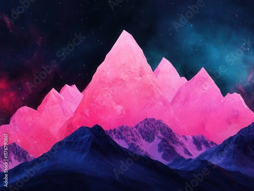 Surreal mountain range with crystal summits glowing under a cosmic sky, new summit, goal achievement photo