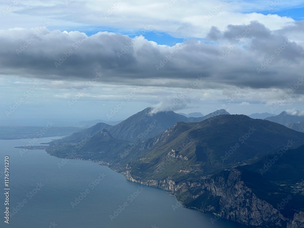 Clouds over the Lake Garda in the Italian Alps seen from Monte Baldo mountain, Malcesine, Veneto, Italy, October 2023