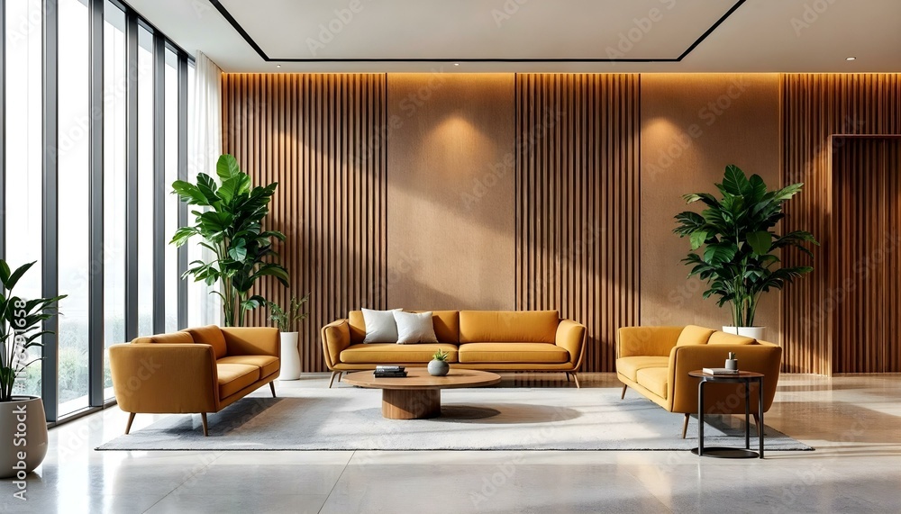 custom made wallpaper toronto digitalA modern and contemporary office lobby with a waiting room provides perfect setting for showcasing of office with minimilistic elegent colours, generated with ai