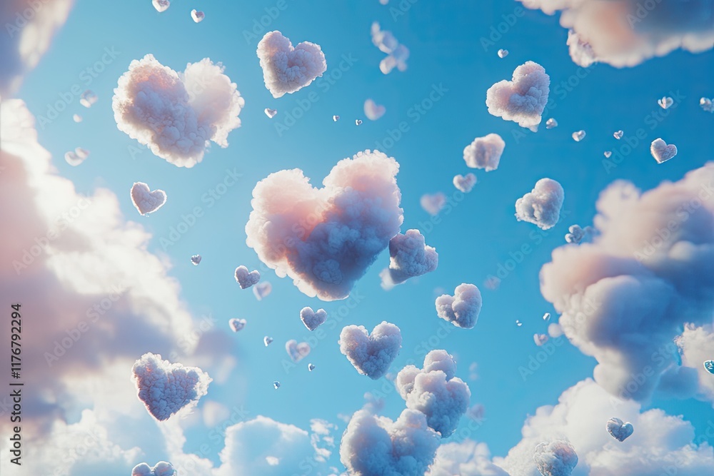 A whimsical scene of heart - shaped clouds floating in a blue sky Valentine’s Day card A whimsical scene of heart - shaped clouds floating in a blue sky Valentine’s Day card