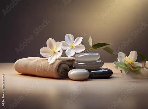 Serene spa scene: smooth stones, beige towel, and delicate white blossoms create a tranquil ambiance.  Warm lighting enhances the peaceful atmosphere.