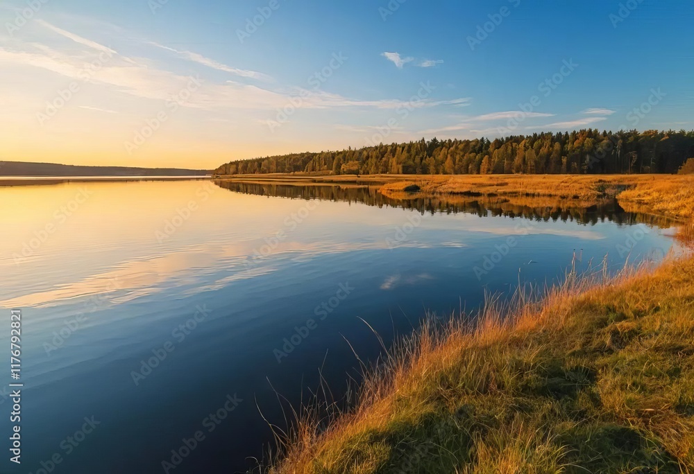 Fototapeta premium A beautiful sunset over a lake with a vibrant orange and yellow sky