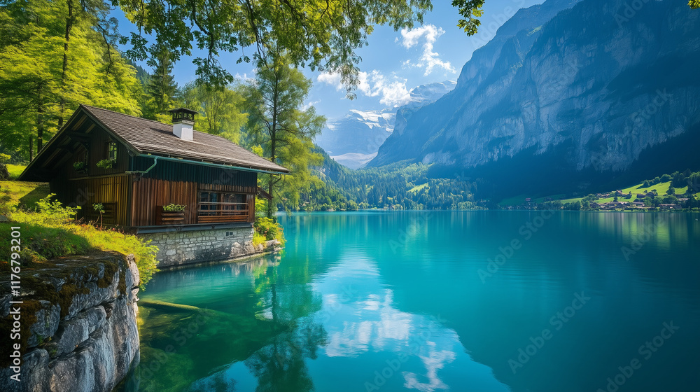 Fototapeta premium A scenic landscape with a wooden cabin nestled by a serene turquoise lake