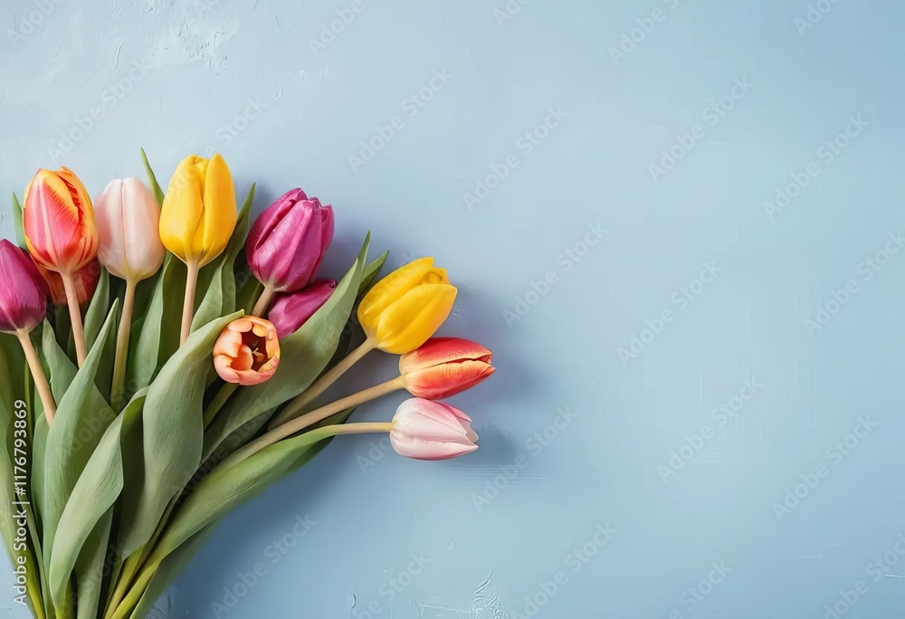 A bouquet of colorful tulips against a light blue wall A bouquet of colorful tulips against a light blue wall