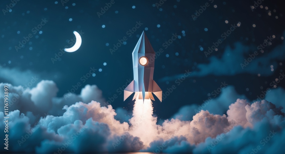 Fototapeta premium Paper Craft Rocket Launching into Night Sky