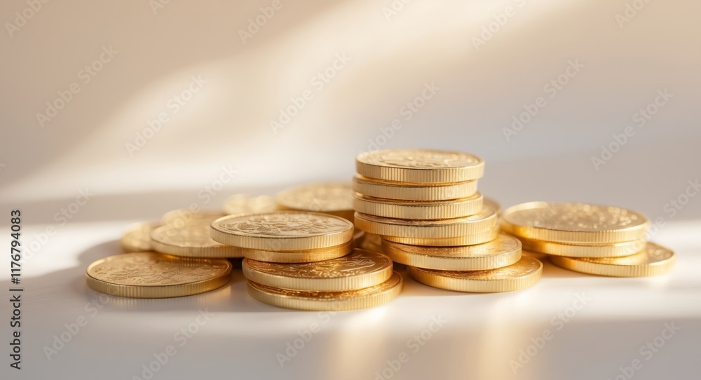 Stacks of Gold Coins Reflecting Morning Light Stacks of Gold Coins Reflecting Morning Light