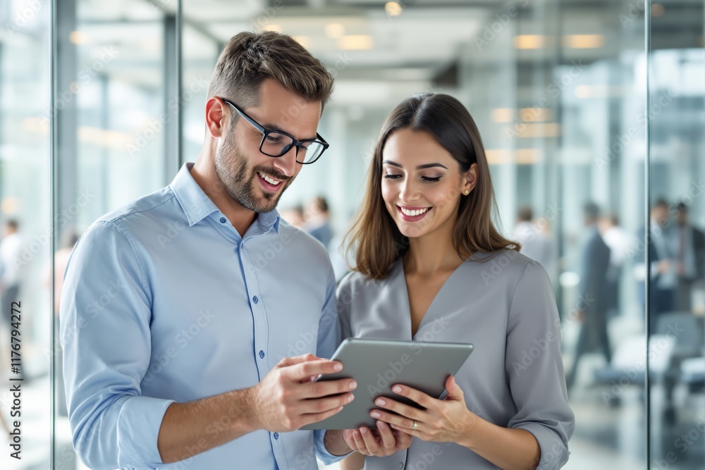 Two professionals interacting and smiling while using a tablet in a bright office setting, symbolizing teamwork, collaboration, and technology in business. Ai generative. Two professionals interacting and smiling while using a tablet in a bright office setting, symbolizing teamwork, collaboration, and technology in business. Ai generative.