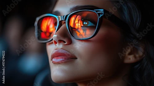 Woman in glasses, movie reflection, night, gazing, entertainment photo